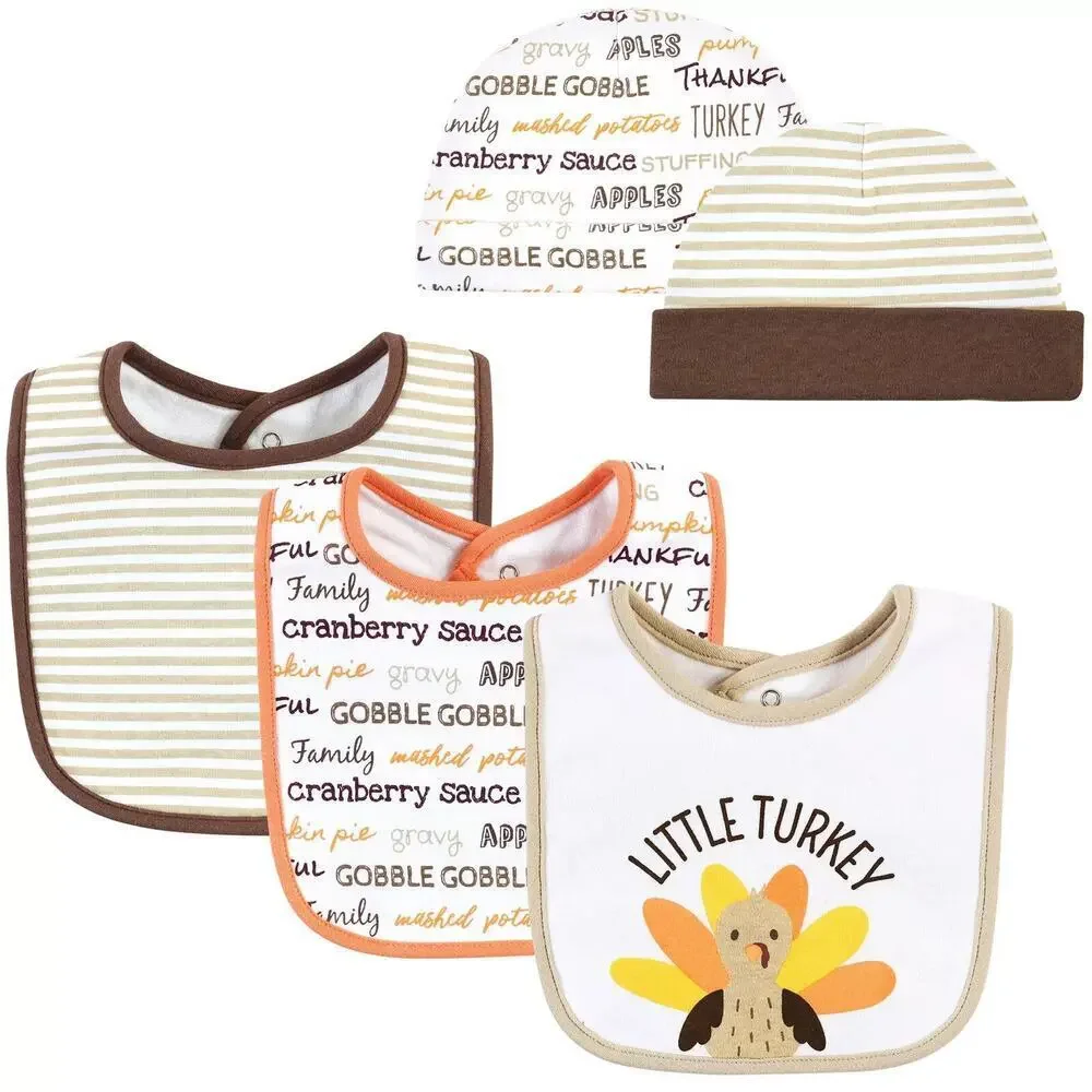 Hudson Baby Cotton Bib and Headband or Caps Set Little Turkey One Size New